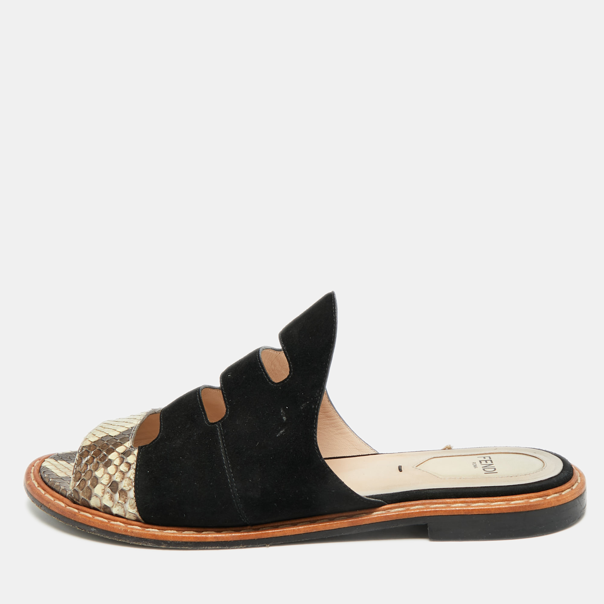 

Fendi Size  Black/Brown Suede and Python Cut Out Flat Slides