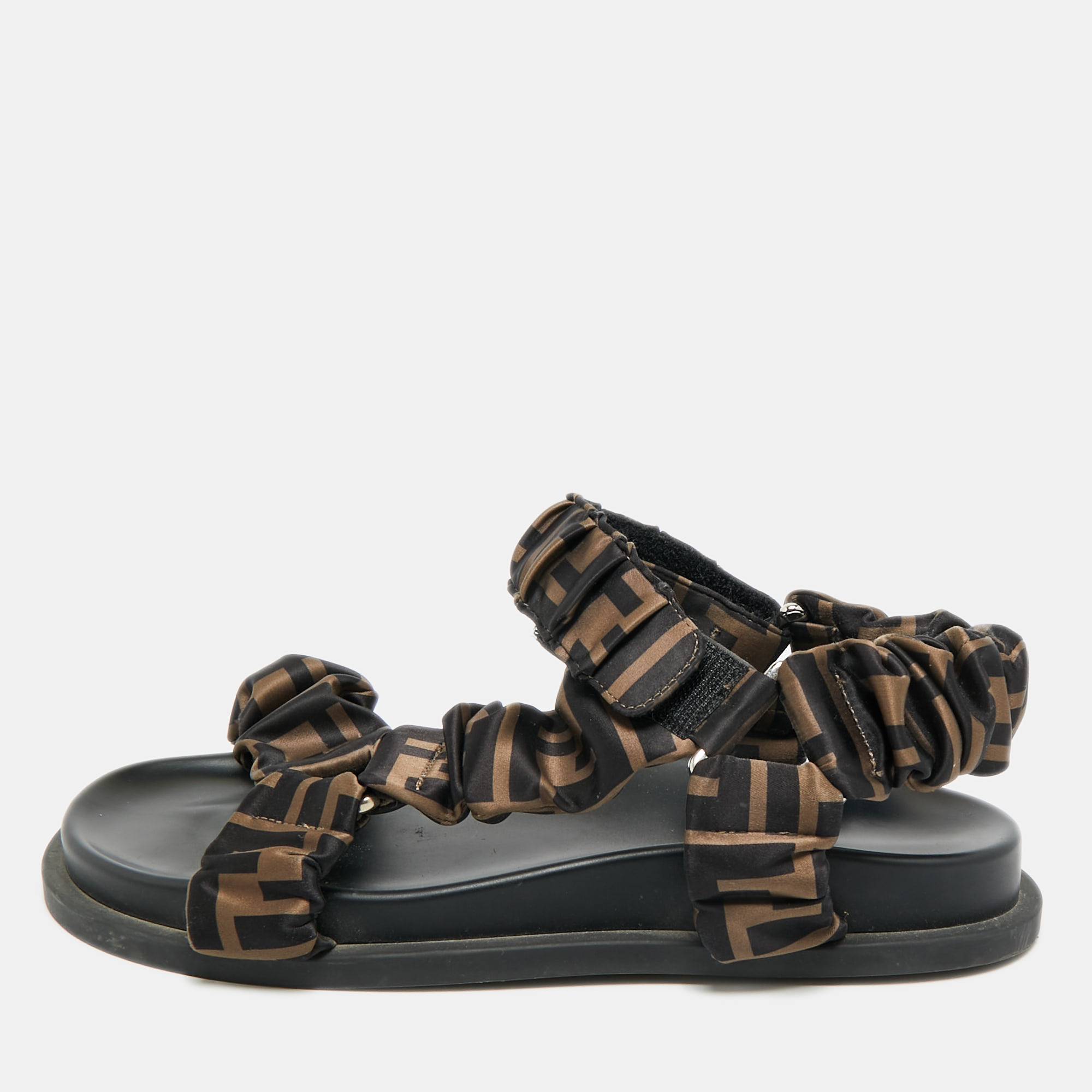 

Fendi Feel Size  Black/Brown Zucca Satin Ankle Strap Flat Sandals