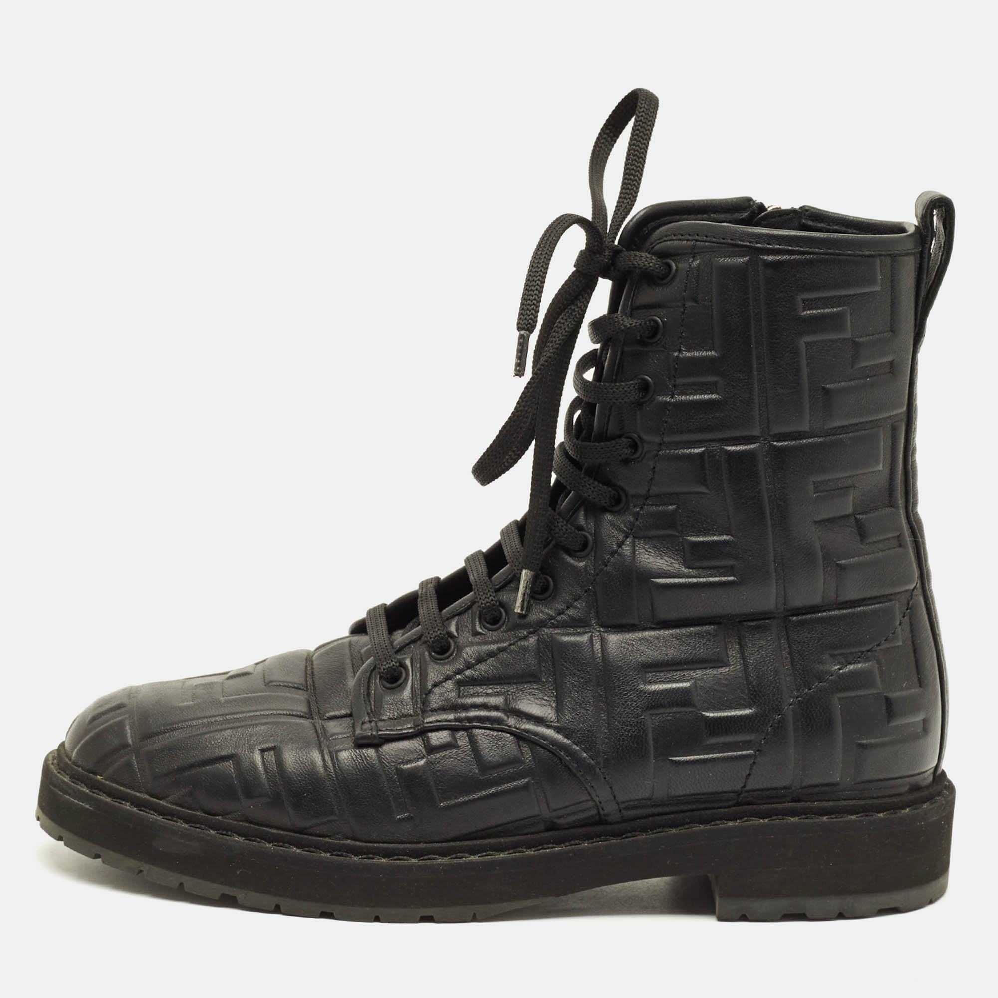 

Fendi Zucca Size  Black FF Embossed Leather Ankle Combat Boots