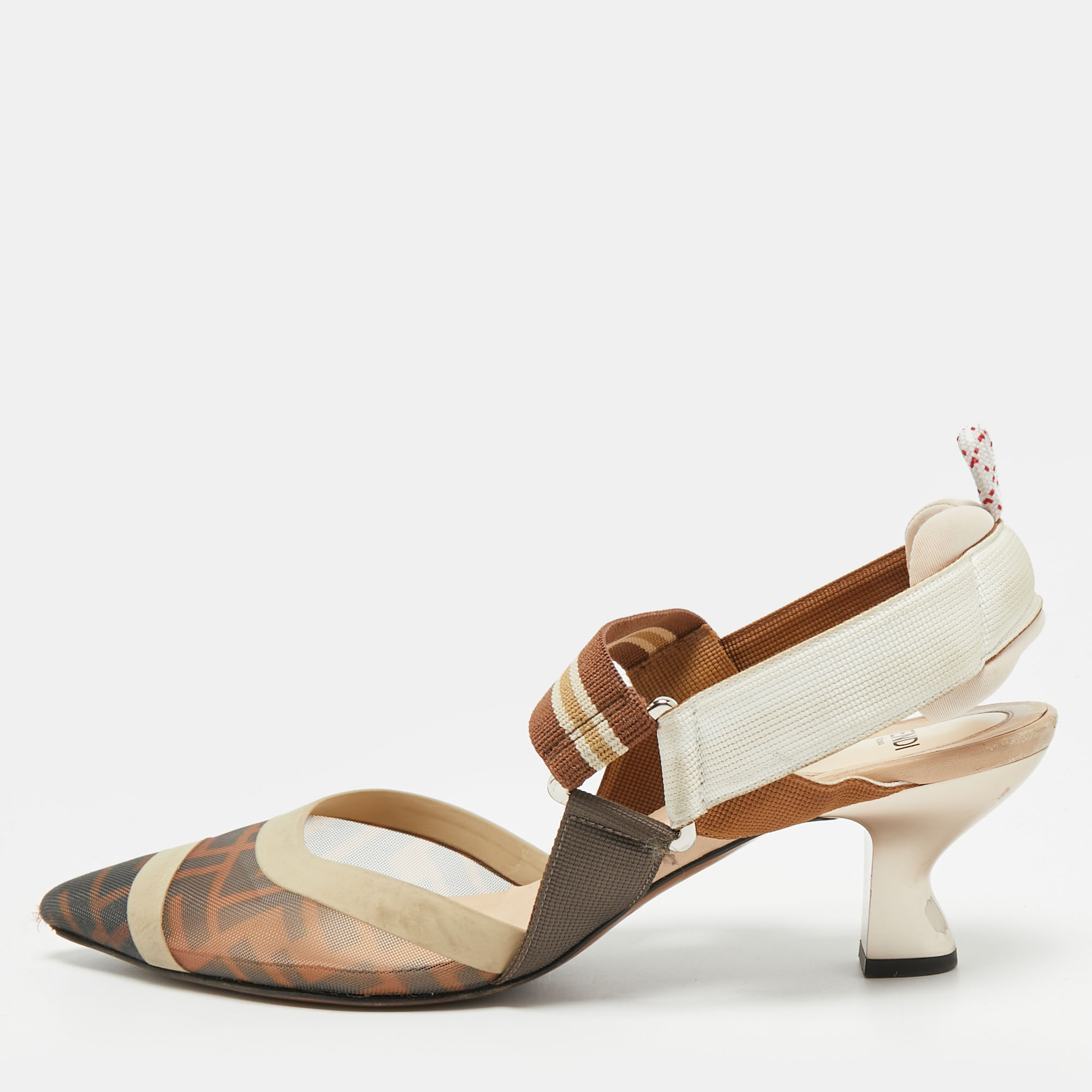 

Fendi Colibri Size  Brown Canvas and Mesh Slingback Pumps