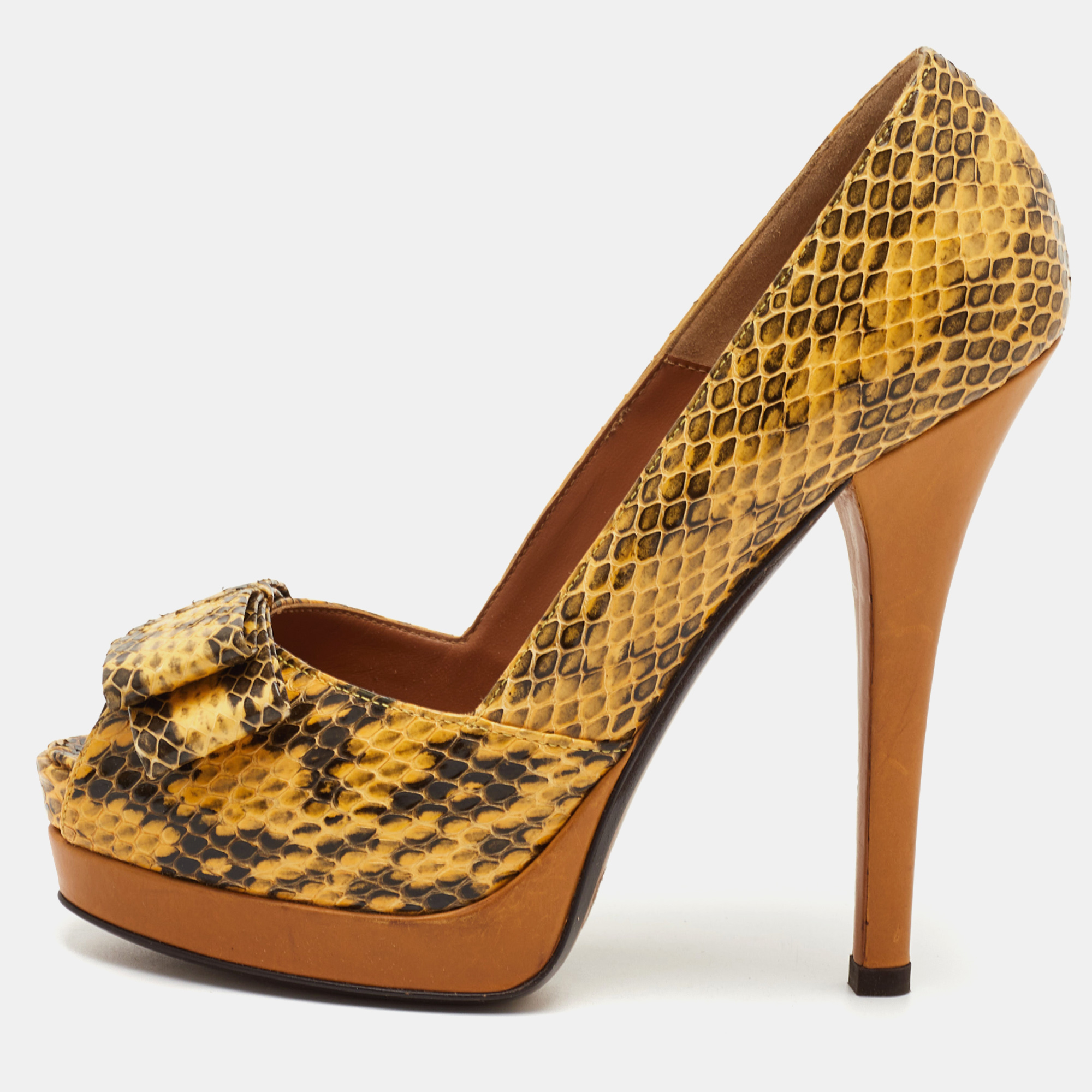 

Fendi Bow Size  Yellow/Black Python Leather Platform Peep Toe Pumps