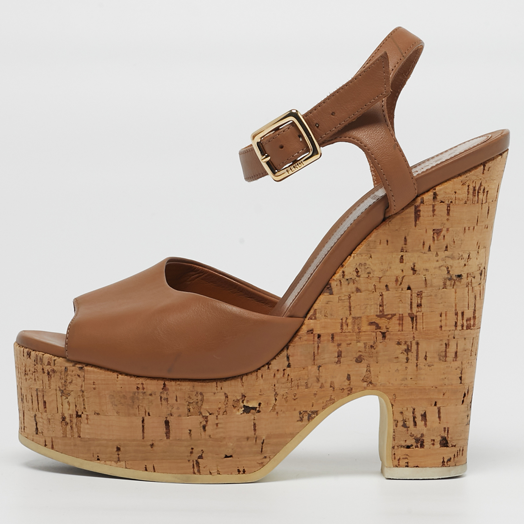 

Fendi Size  Brown Leather Cork Wedge Platform Ankle Strap Sandals