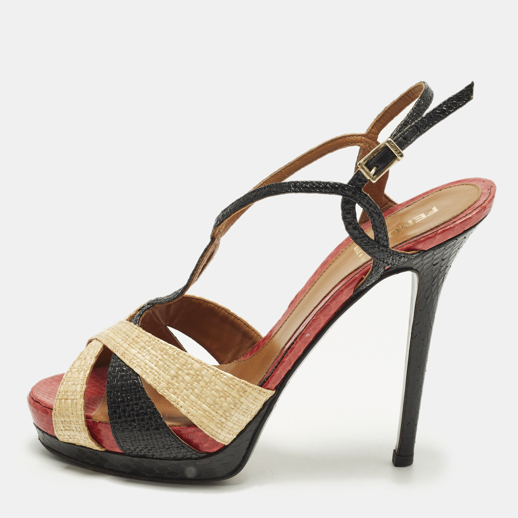 

Fendi Size  Tri Color Raffia and Python Platform Slingback Sandals, Black