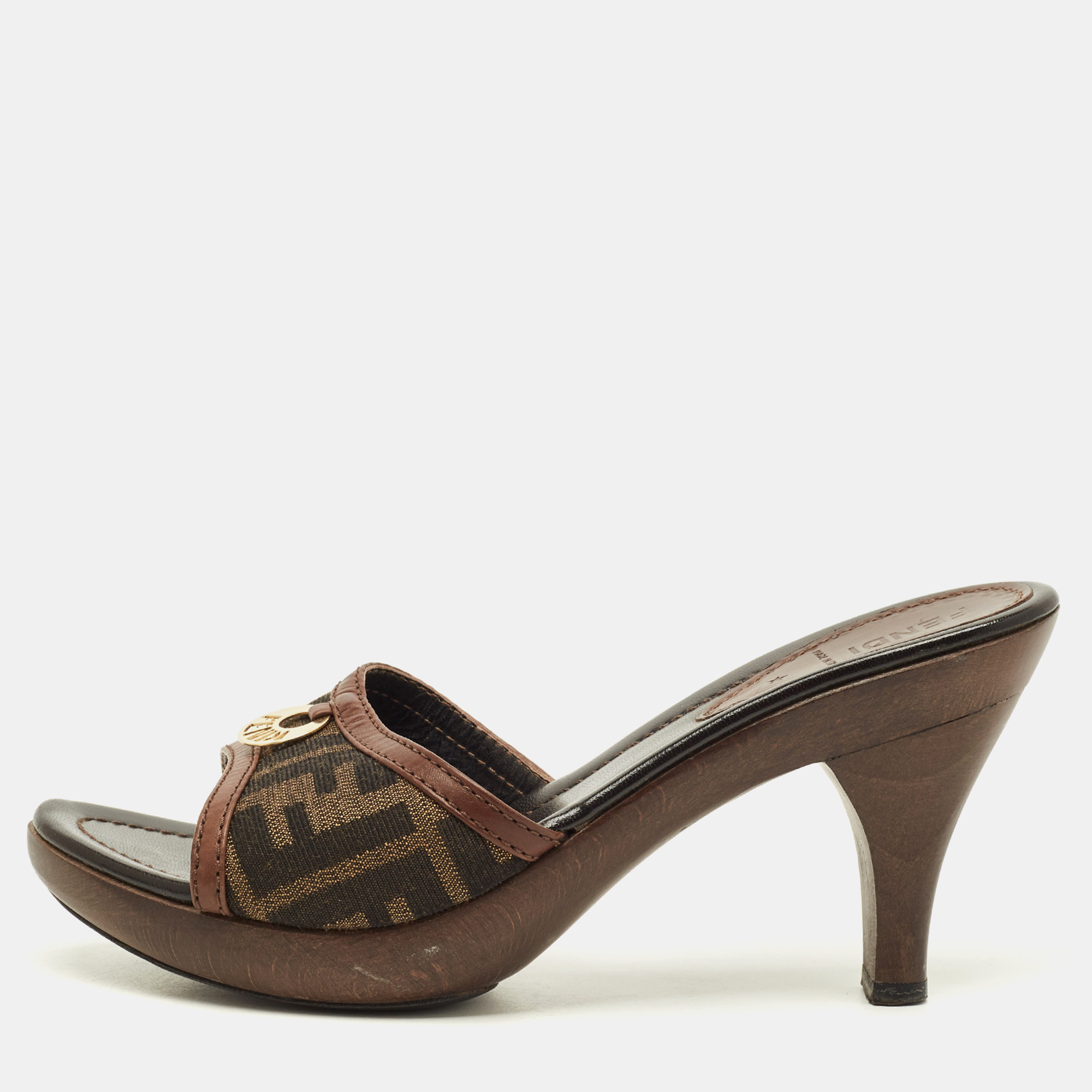 

Fendi FF Size  Brown Canvas and Leather FF Logo Slide Sandals
