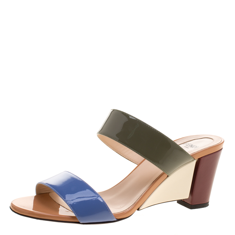 Fendi Multicolor Patent Leather Wedge Slides Size 37