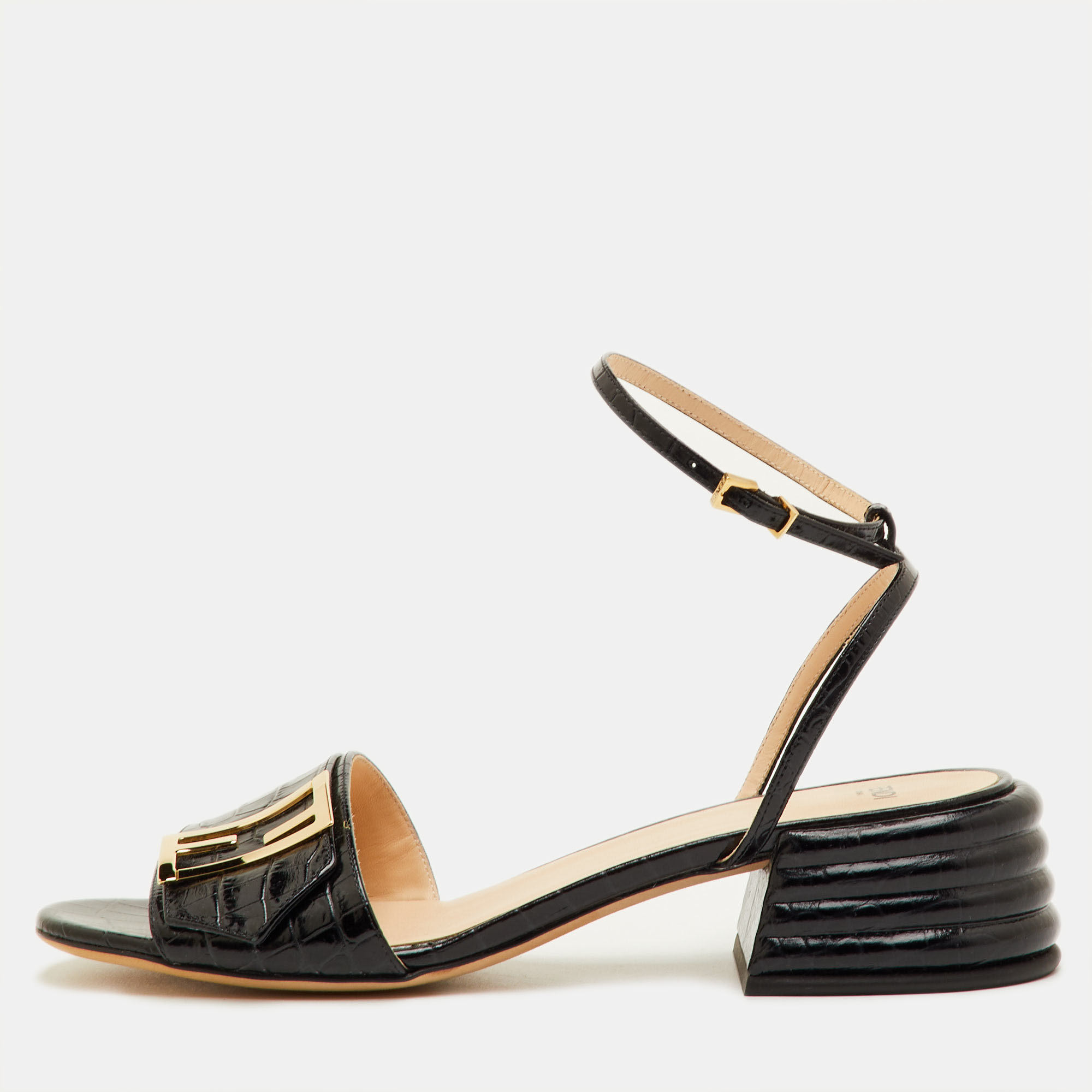 

Fendi Promenade Size  Black Croc Embossed Leather Ankle Strap Sandals