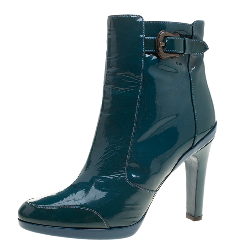 Fendi Aquamarine Patent Leather Ankle Boots Size 40