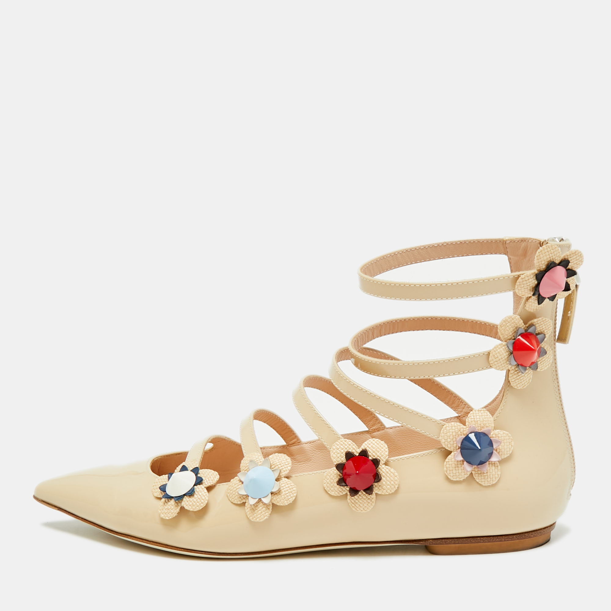 Pre-owned Fendi Flowerland Size 37 Cream Patent Leather Strappy Ballet Flats In White