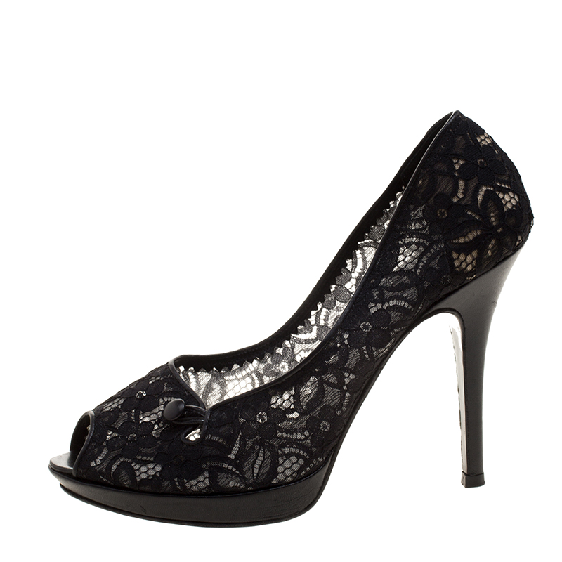 

Fendi Black Lace Peep Toe Platform Pumps Size