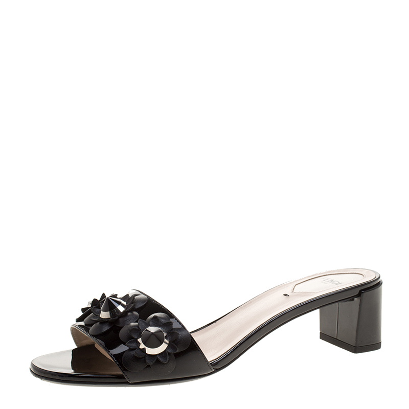 Fendi Black Patent Leather Floral Appliquè Slide Mules Size 40