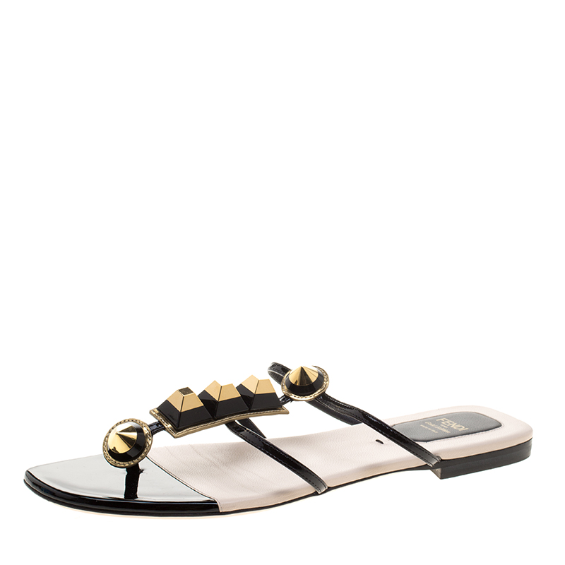 Pre Owned Fendi Gold Edition Black Patent Leather Studded Flats Size 40