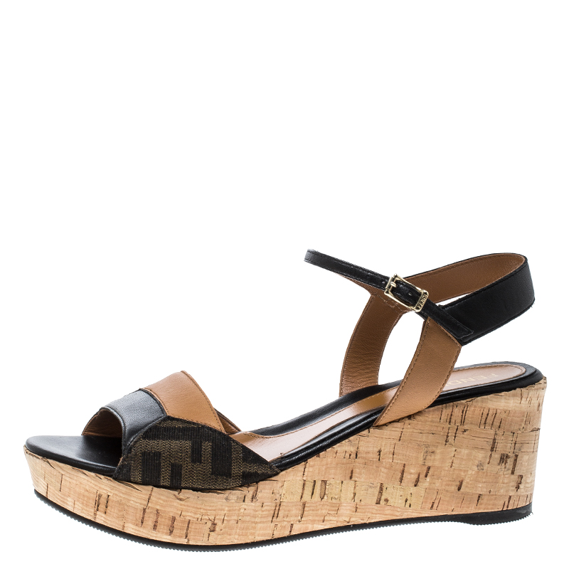 

Fendi Brown/Black Zucca Canvas and Leather Wedge Sandals Size