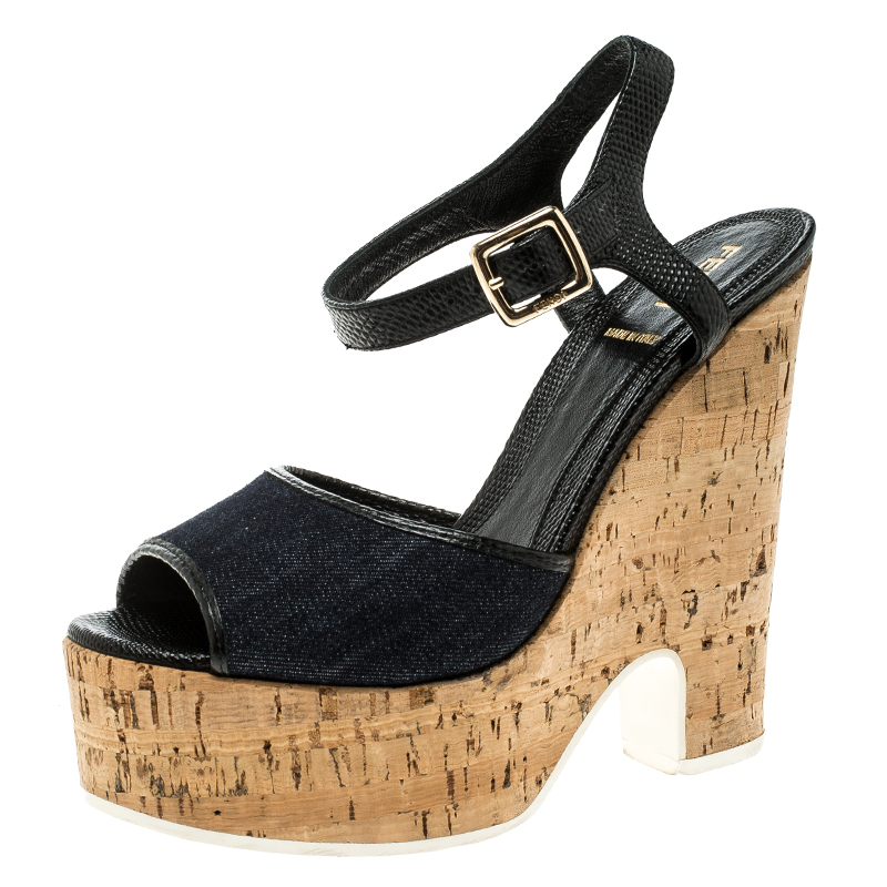 Pre Owned Fendi Black/Navy Blue Leather and Denim Cork Platform Sandals Size 37.5