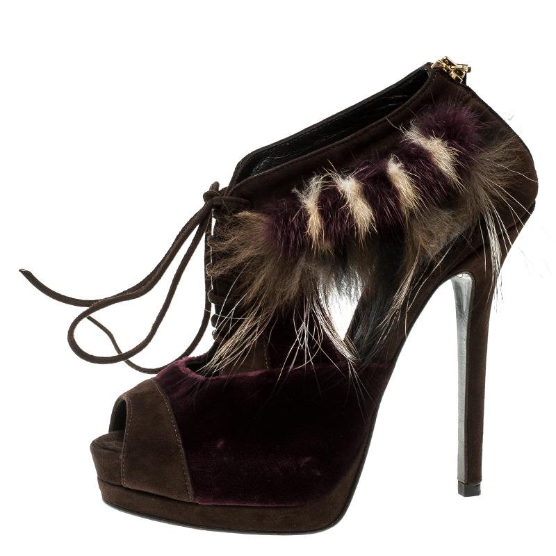 

Fendi Multicolor Suede/Velvet and Fur Trim Lace Up Open Toe Ankle Booties Size