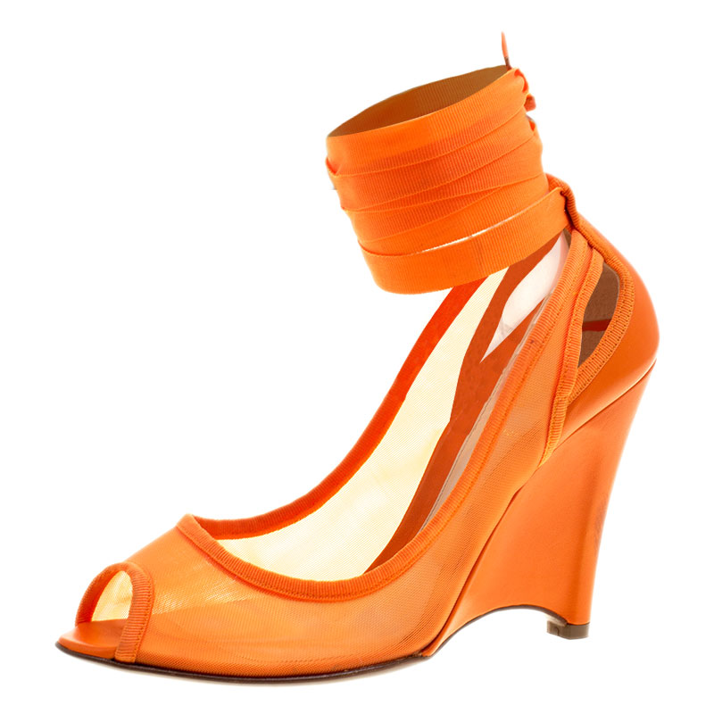 Pre Owned Fendi Orange Mesh And Leather Ankle Wrap Cut Out Wedge Pumps Size 37