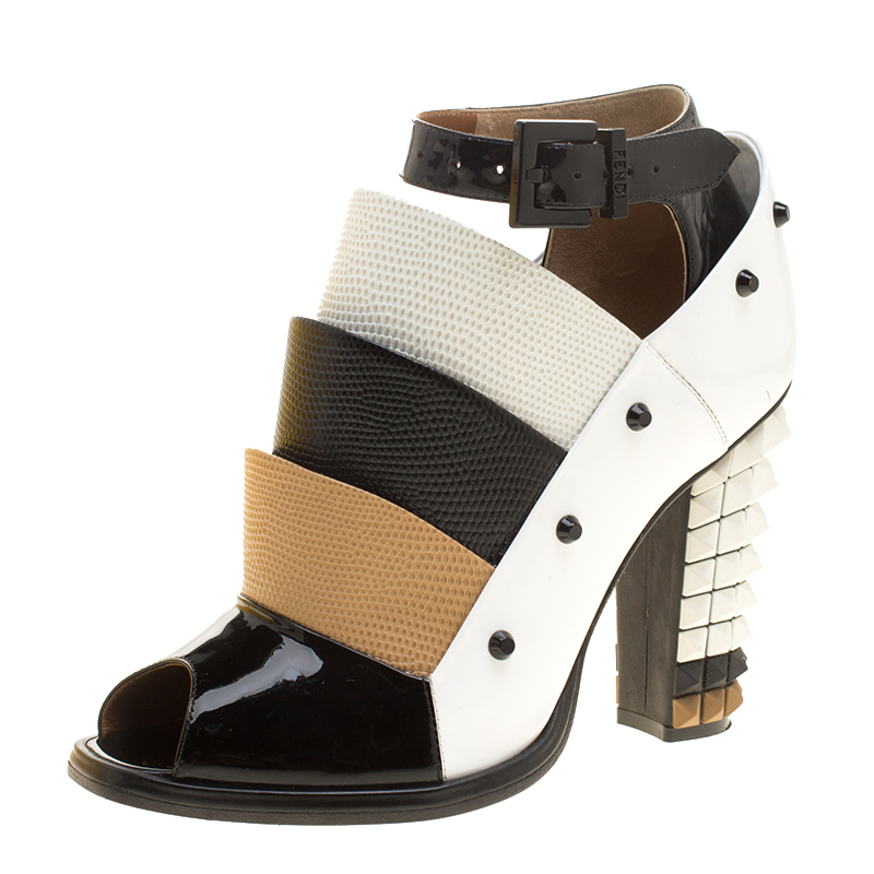 Pre Owned Fendi Tricolor Lizard Leather Peep Toe Ankle Booties Size 37.5