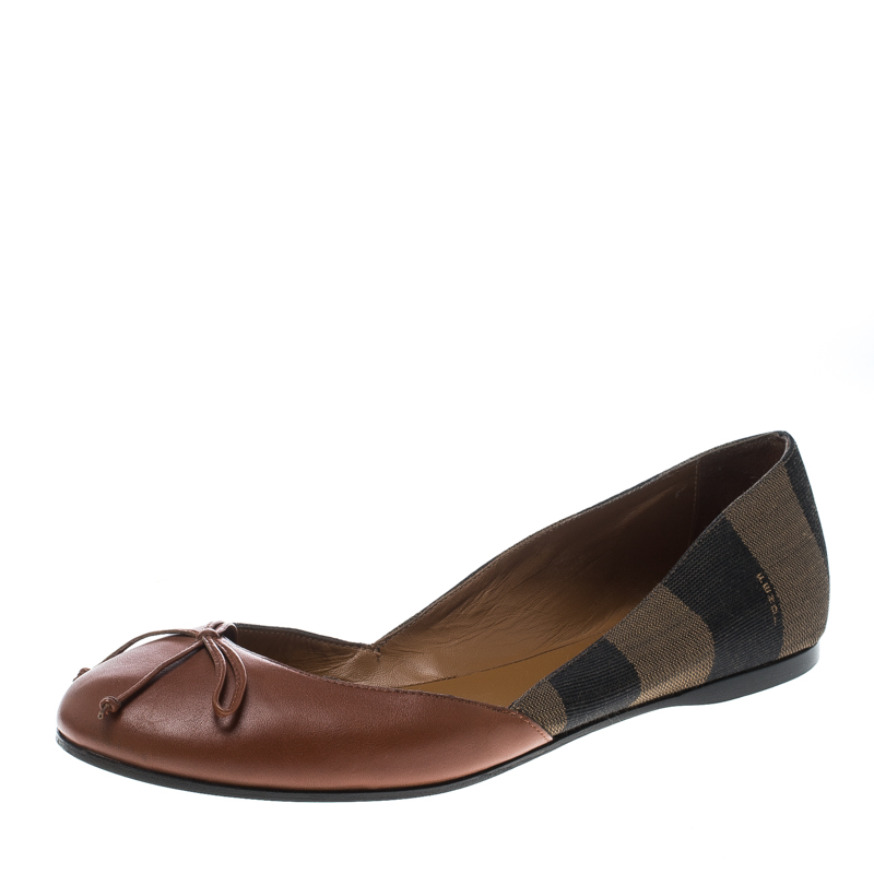 Fendi Brown Canvas and Leather Pequin Bow Ballet Flats Size 39