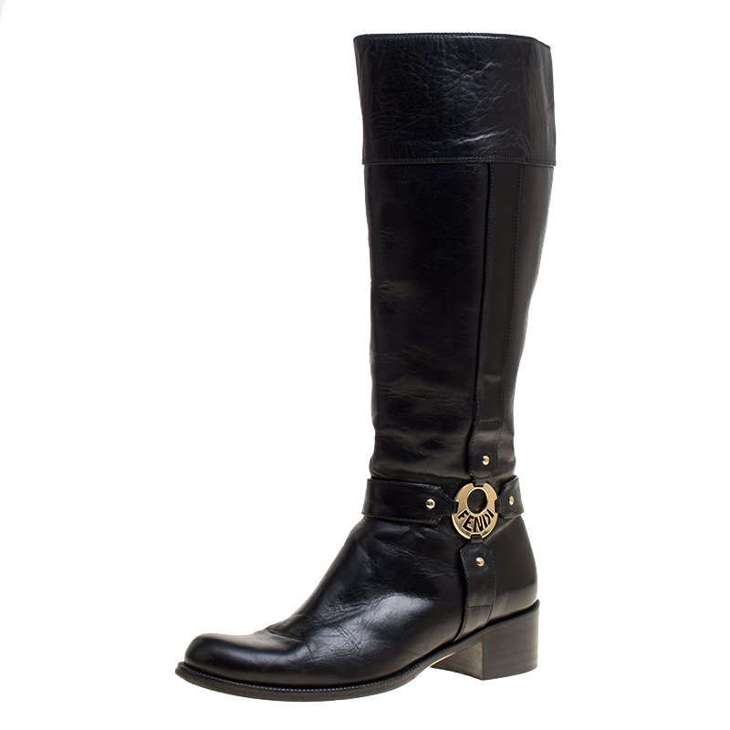 Pre Owned Fendi Black Leather Knee High Boots Size 39