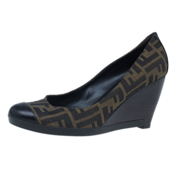 Pre Owned Fendi Zucca Canvas Cap Toe Wedge Pumps Size 40