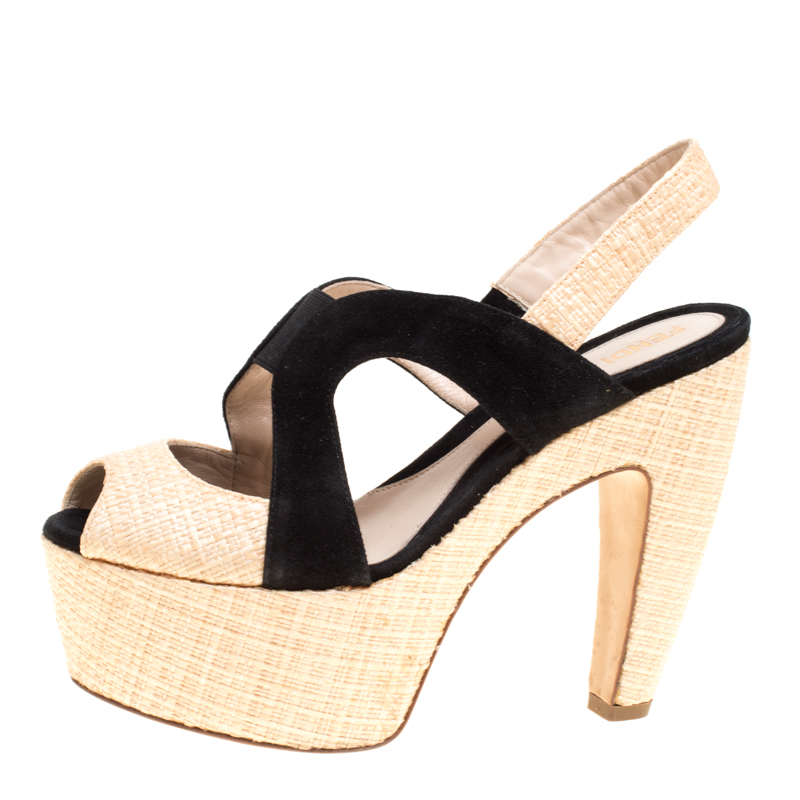 

Fendi Suede and Raffia Sligback Platform Sandals Size, Black