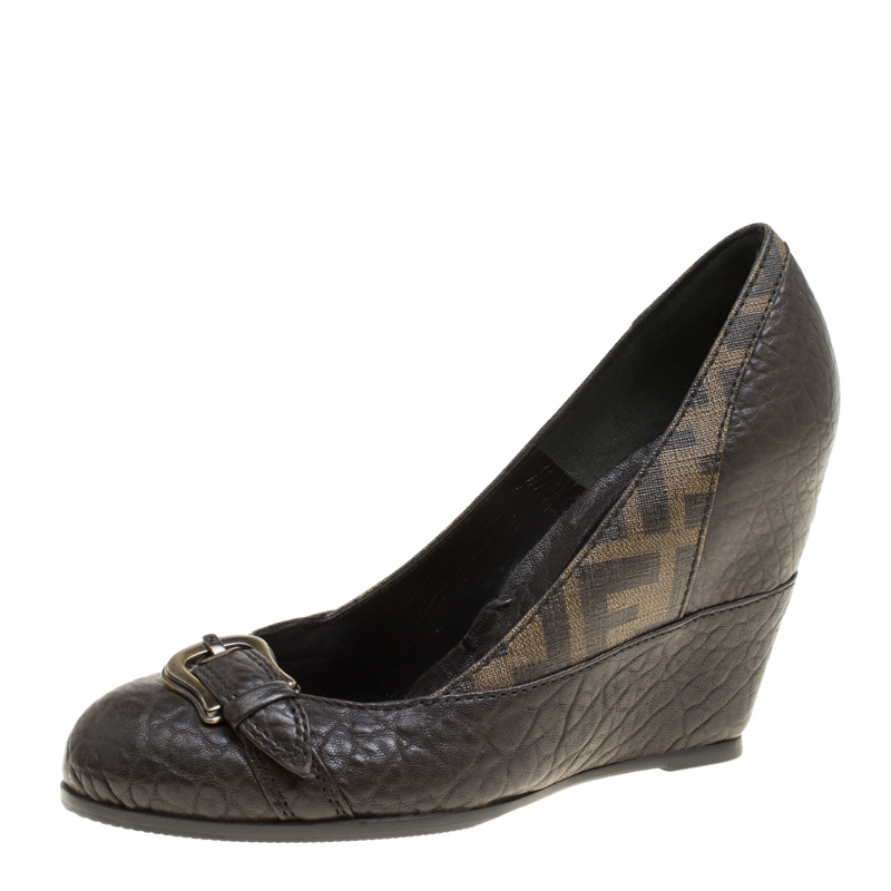 Pre Owned Fendi Dark Brown Leather and Zucca Canvas Buckle Detail Wedge Pumps Size 36