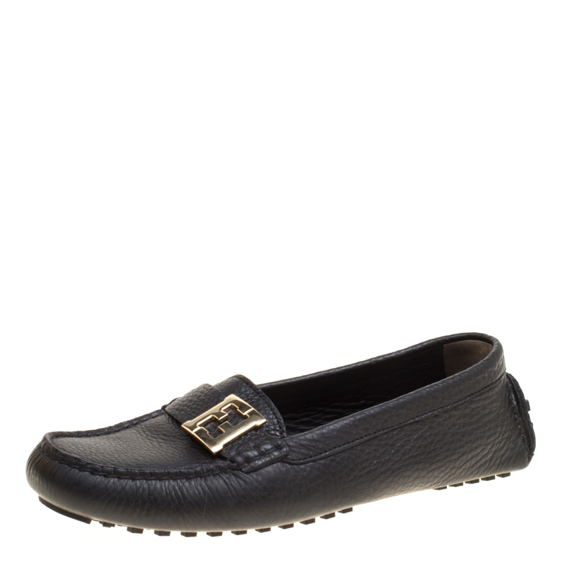 Pre Owned Fendi Black Leather Logo Loafers Size 38