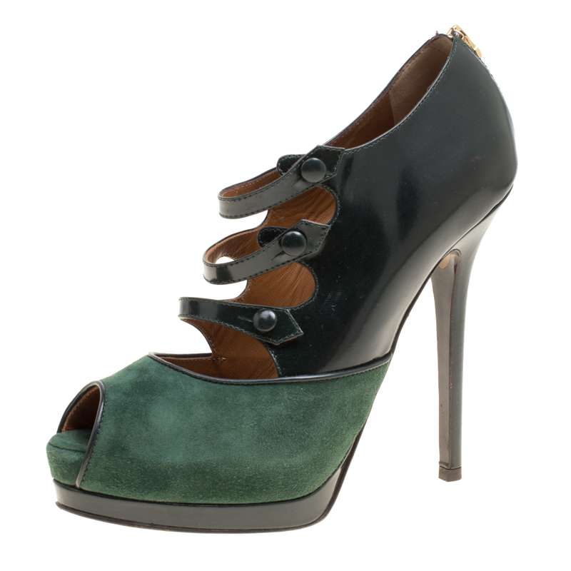 Pre Owned Fendi Green Suede And Leather Peep Toe Platform Pumps Size 39.5