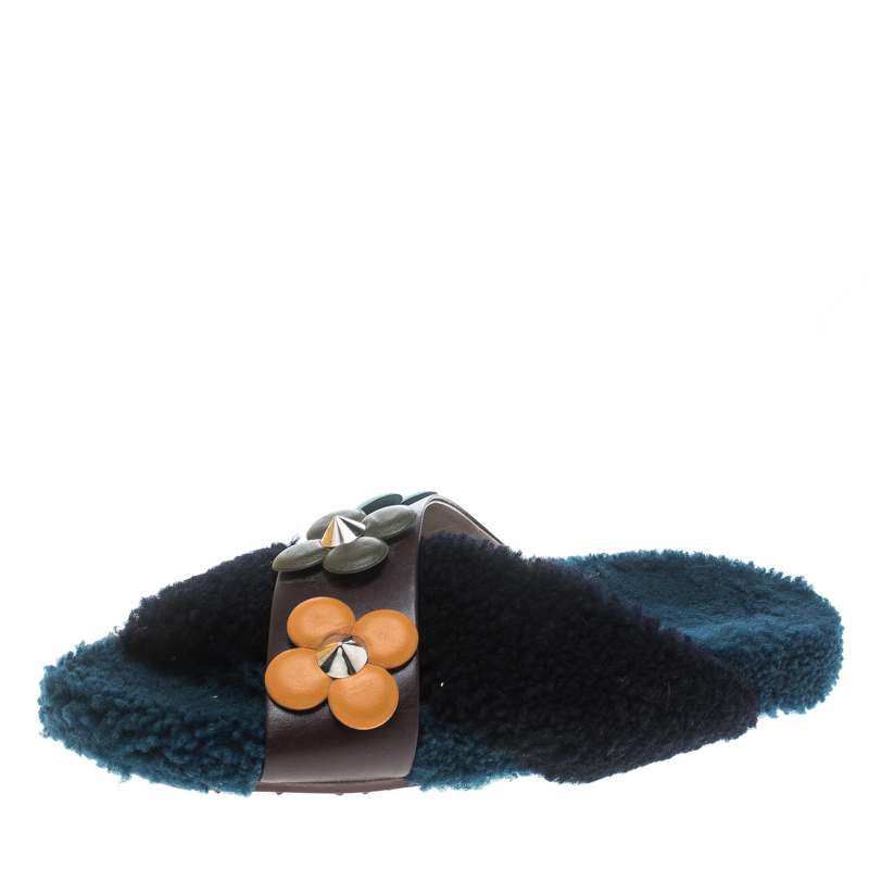 Fendi Multicolor Cross Strap Pom Pom Flat Slides Size 39