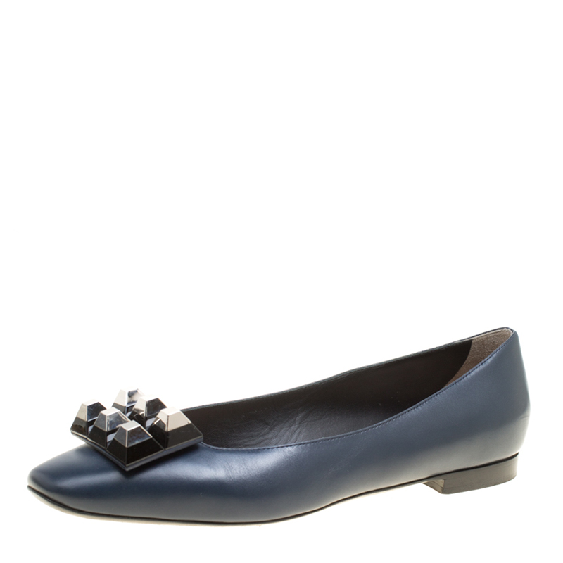Pre Owned Fendi Navy Blue Leather Studded Ballet Flats Size 39.5