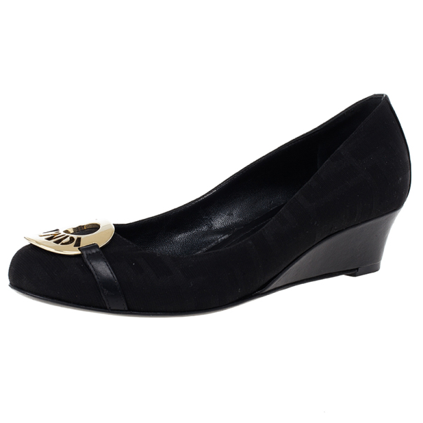 Pre Owned Fendi Black Canvas Logo Plate Wedges Size 37