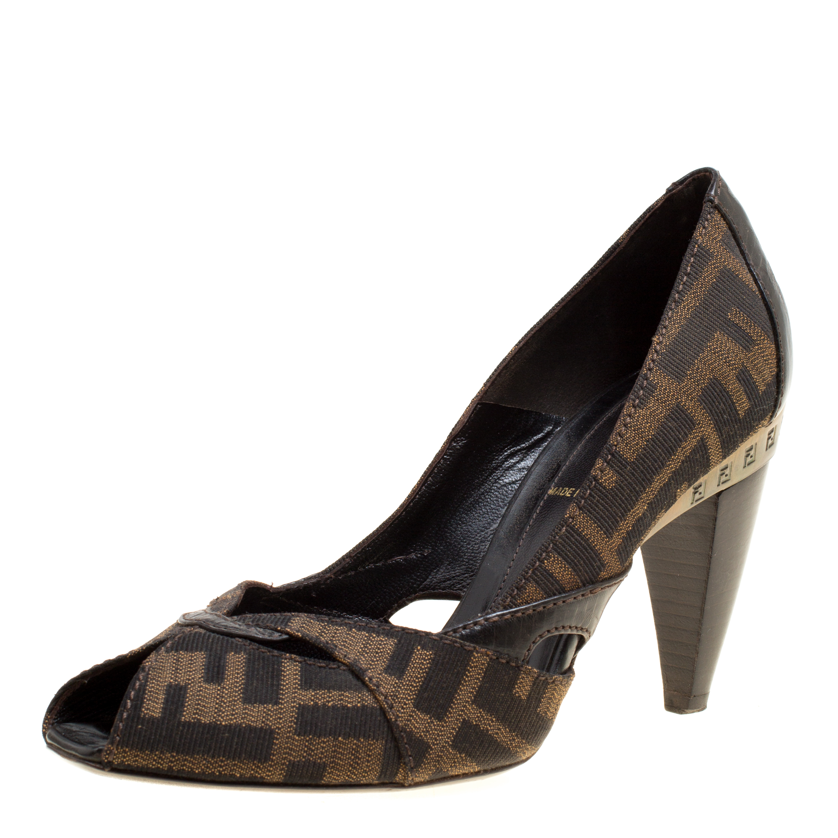 Pre Owned Fendi Tobacco Zucca Canvas Peep Toe Pumps Size 36