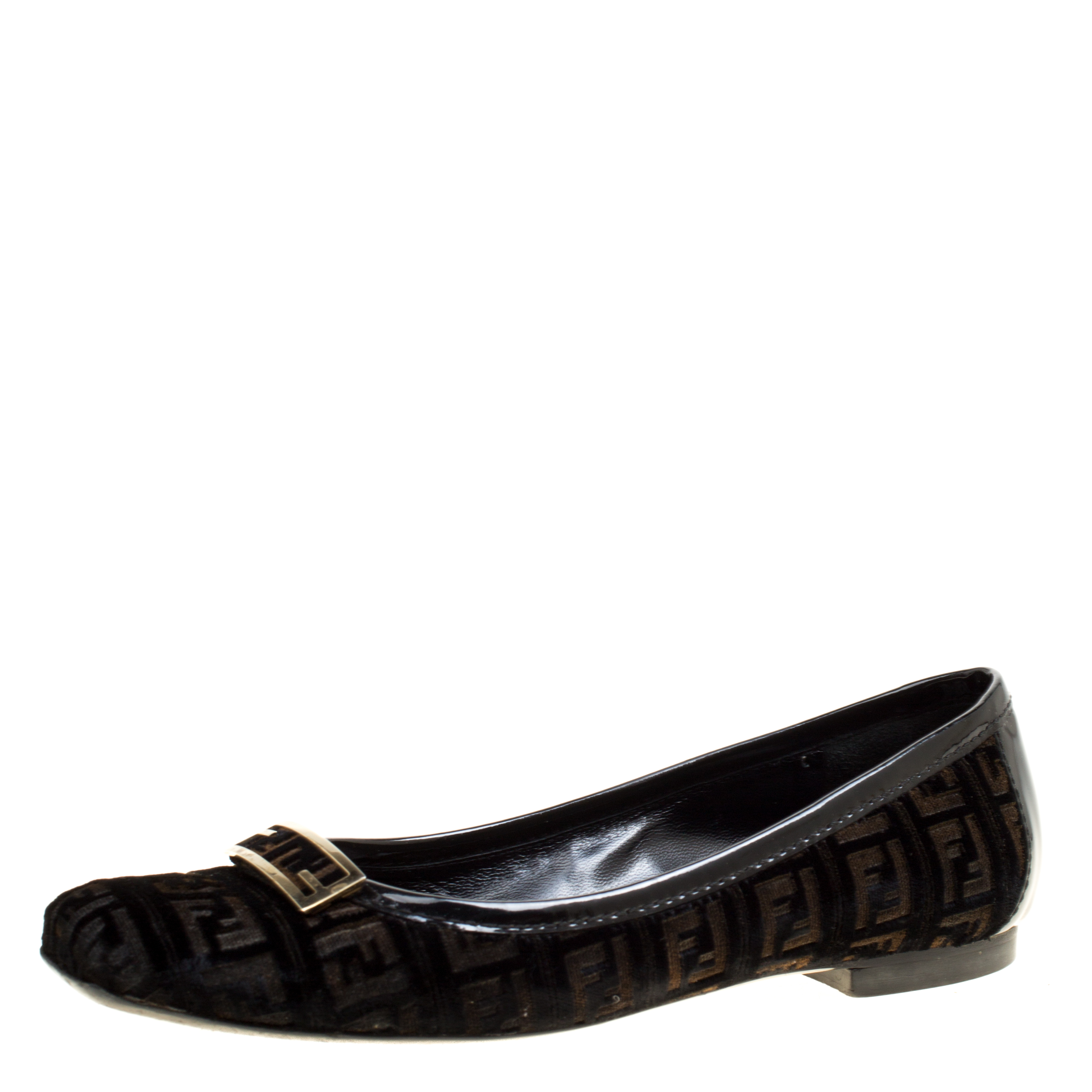 Pre Owned Fendi Black Zucca Velvet and Patent Leather Square Toe Ballet Flats Size 37