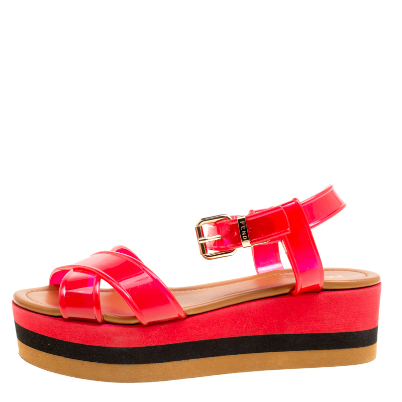 

Fendi Red PVC Hydra Crisscross Ankle Strap Platform Sandals Size