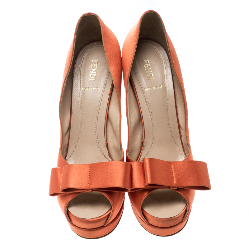 Pre-owned Fendi Orange Satin Deco Bow Peep Toe Platform Pumps Size 40