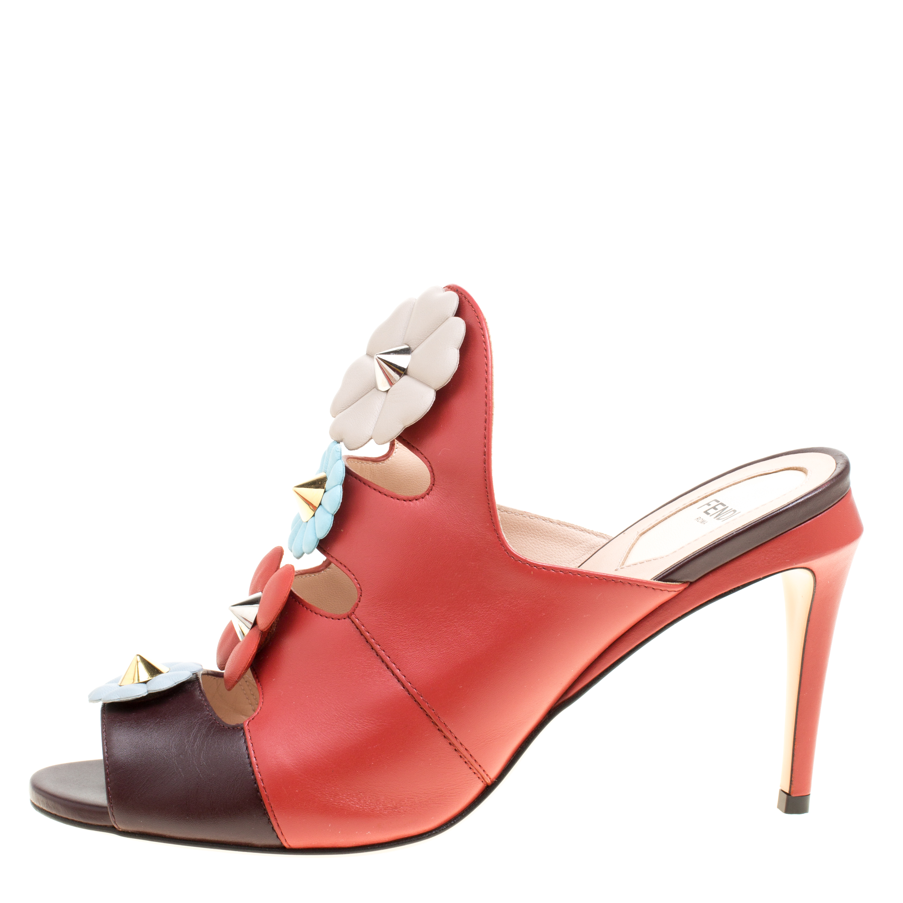 

Fendi Multicolor Leather Floral Applique Leather Mules Sandals, Red
