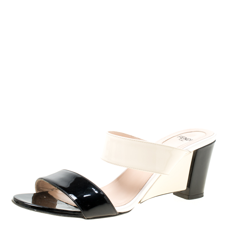 Pre Owned Fendi Cream/Black Patent Leather Wedge Slides Size 38