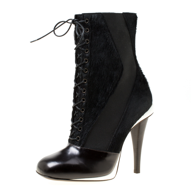 Pre Owned Fendi Monochrome Calf Hair and Leather Lace Up Calf Boots Size 38.5