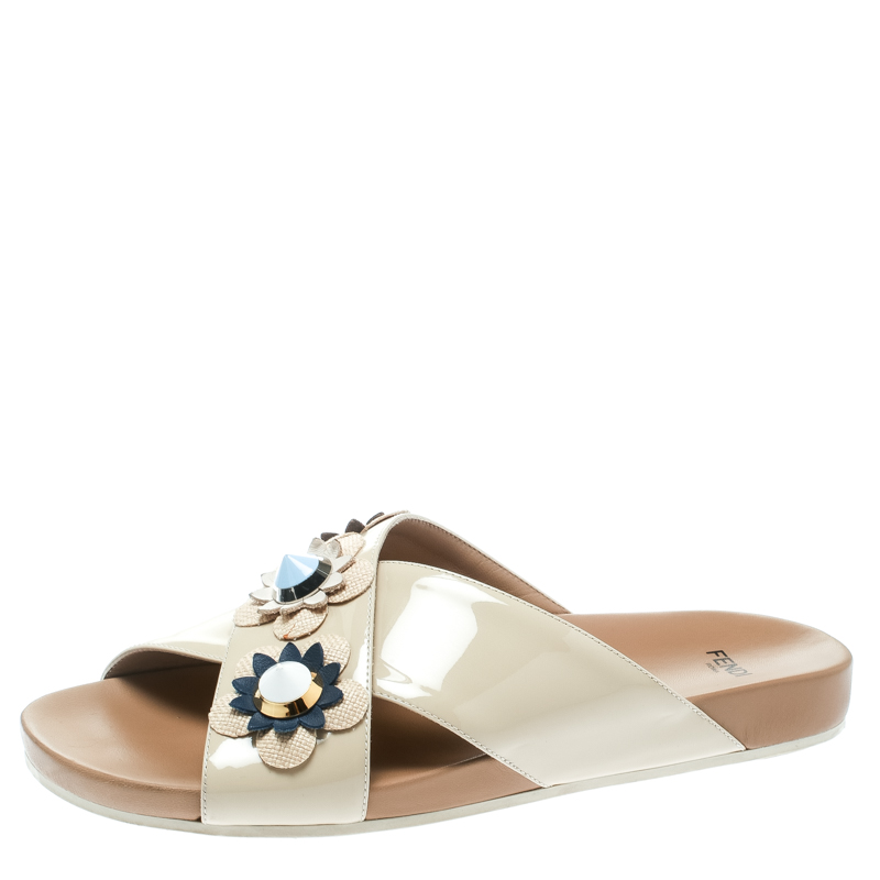 Fendi Beige Patent Leather Flower & Stud-Embellished Slide Sandals Size ...