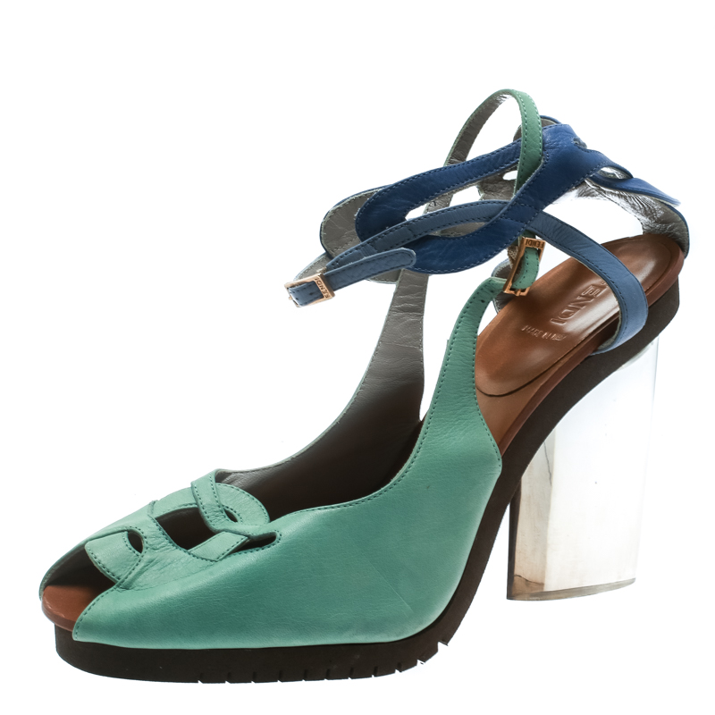 Fendi Green Leather Ankle Strap Plexi Heel Sandals 38.5