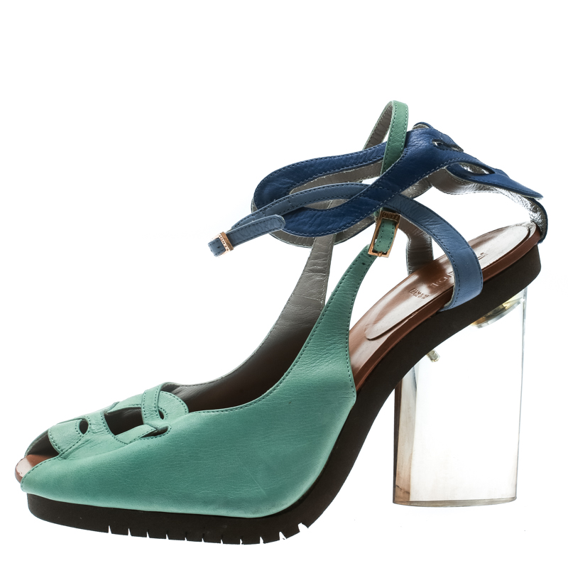 

Fendi Green Leather Ankle Strap Plexi Heel Sandals