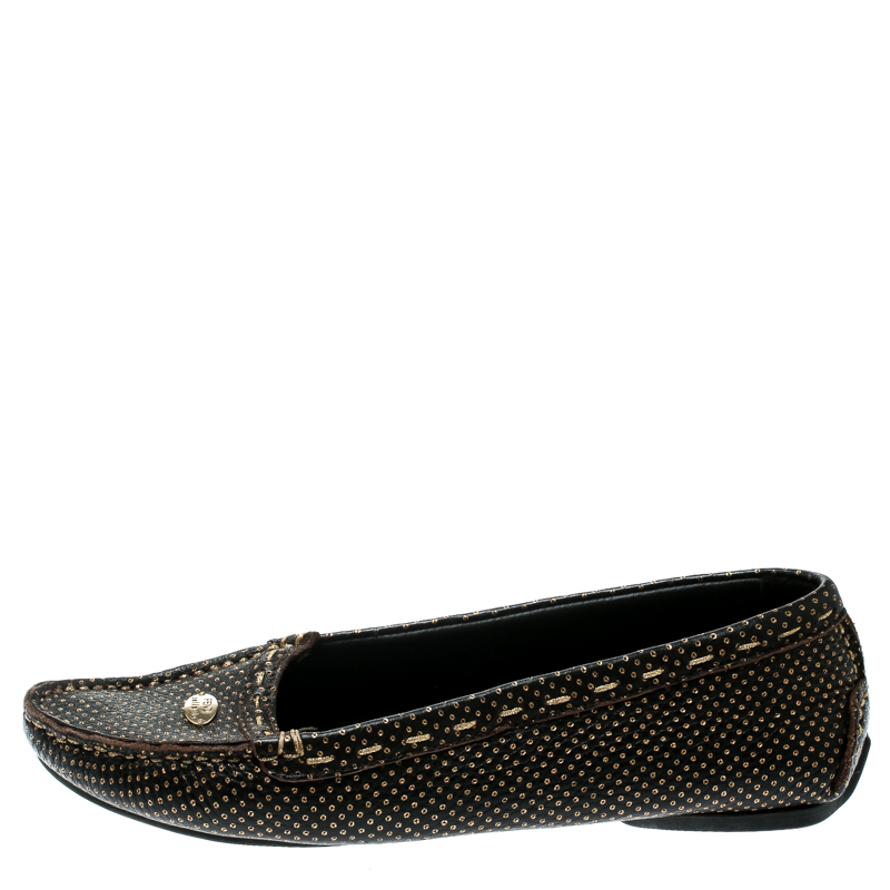 

Fendi Brown/Metallic Gold Perforated Leather Loafers Size