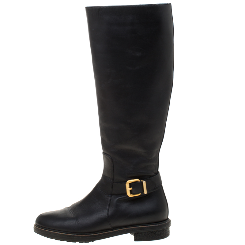 

Fendi Black Leather Buckle Detail Knee Length Boots Size