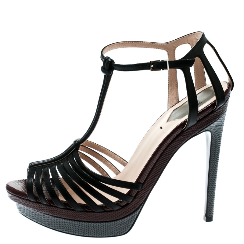 

Fendi Tricolor Leather With Lizard Embossed Platform Strappy Peep Toe T Strap Sandals Size, Black