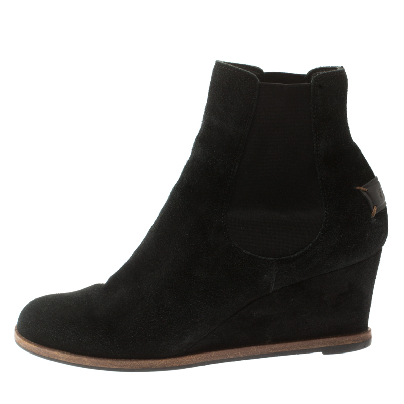 

Fendi Black Suede Wedge Heel Ankle Boots Size