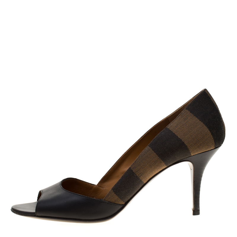 

Fendi Black Leather and Striped Canvas Pequin Open Toe Pumps Size