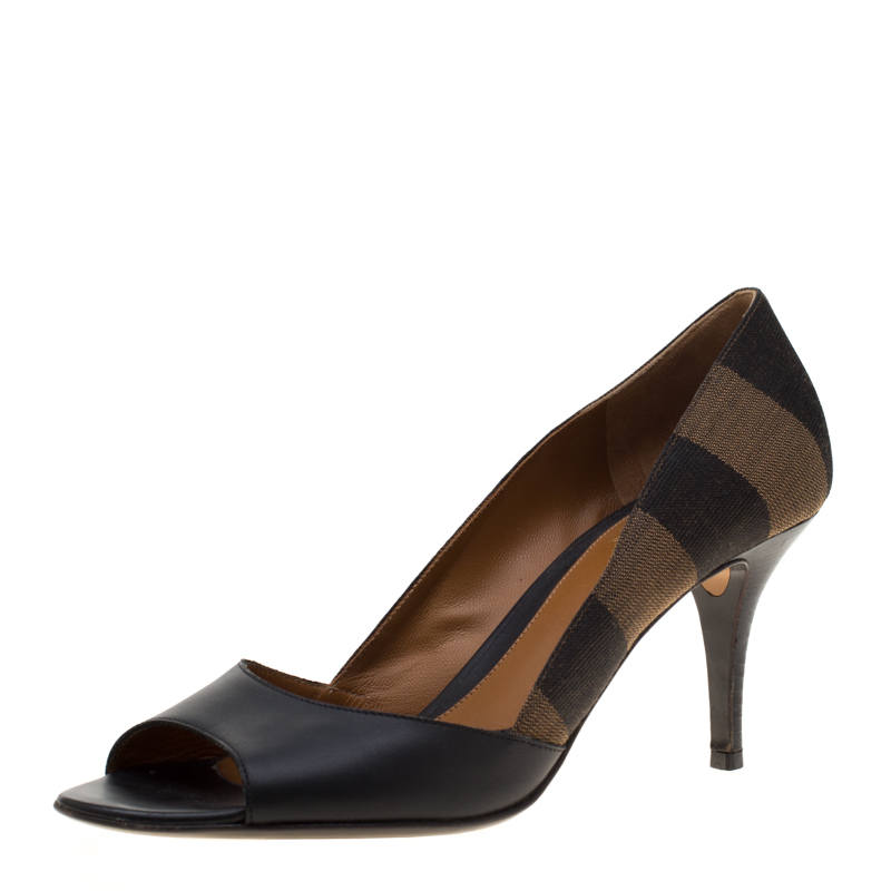 Pre Owned Fendi Black Leather and Striped Canvas Pequin Open Toe Pumps Size 39