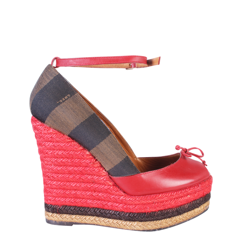 Pre-owned Fendi Red Leather And Striped Canvas Ankle Strap Espadrilles Wedge Pumps Size 38