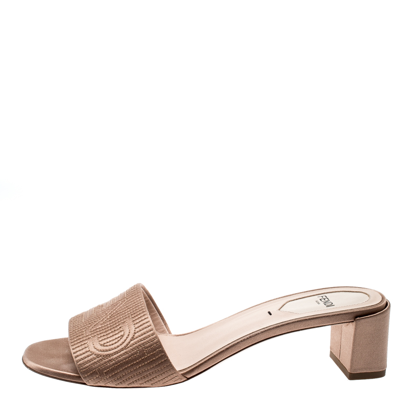 

Fendi Beige Satin Logo Embroidered Block Heel Slides Size