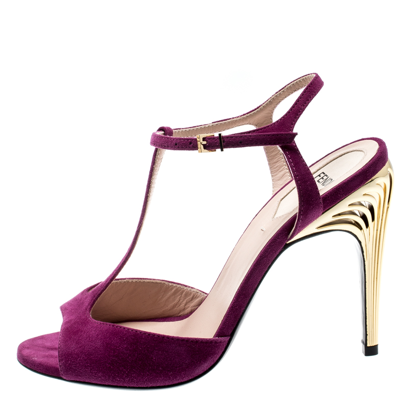 

Fendi Purple Suede Encaged Heel T-strap Sandals Size