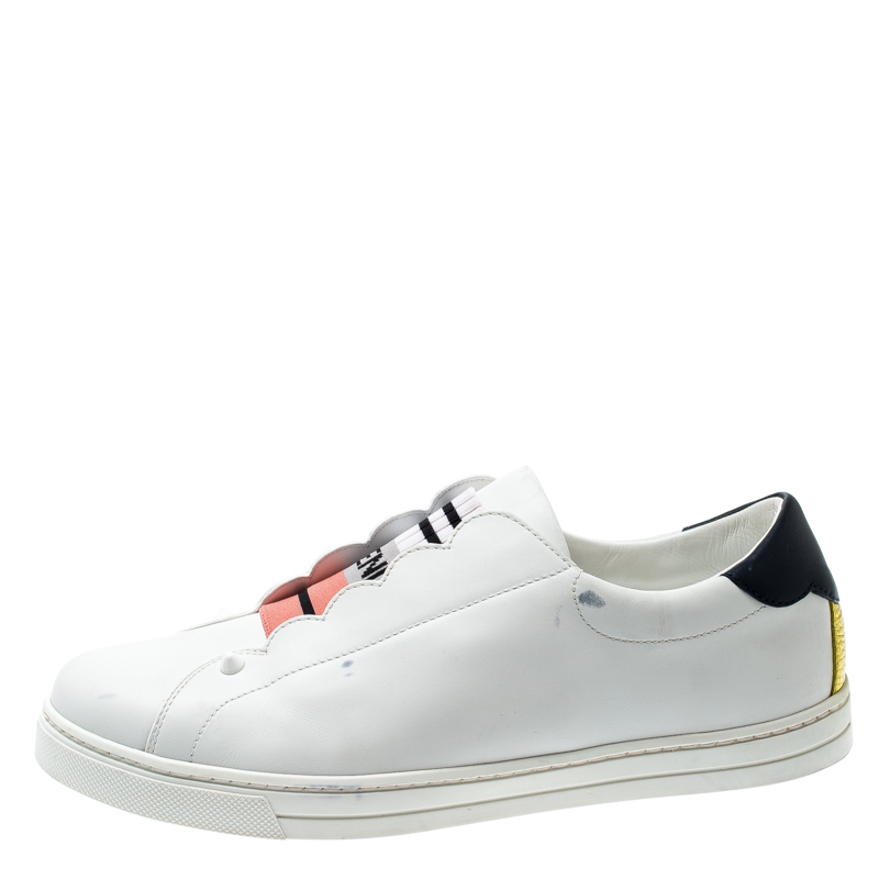 

Fendi White Leather With Logo Knit Rockoko Scallop Detail Slip On Sneakers Size